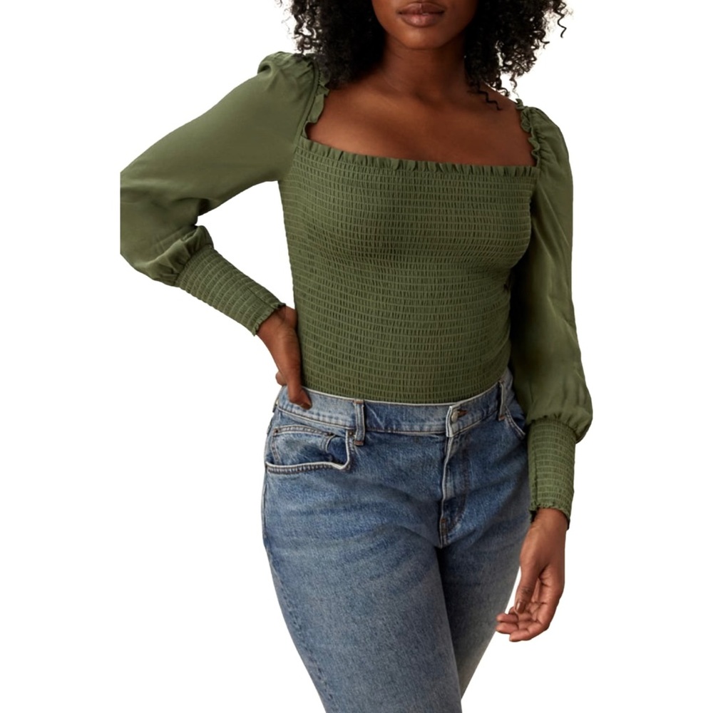 Reformation Pinto Smocked Long Sleeve Top Size S